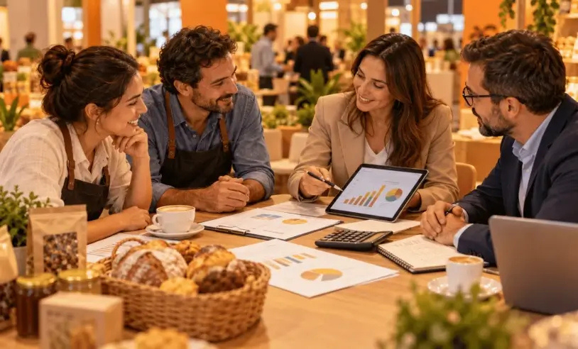 Empreendedores e fornecedores conversando à mesa, com gráficos num tablet.